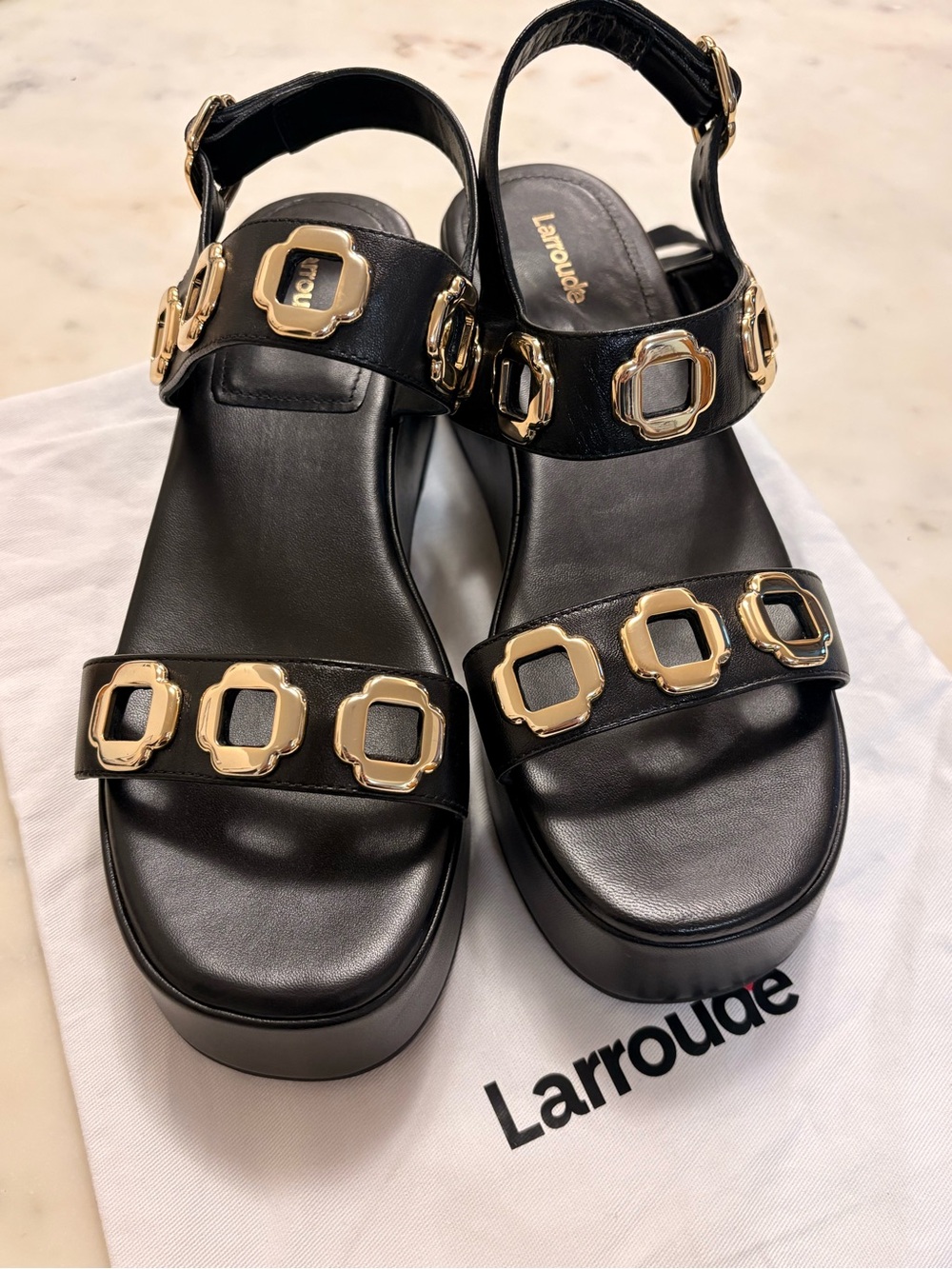Larroude Milan Black Platform Sandals with Gold Accents